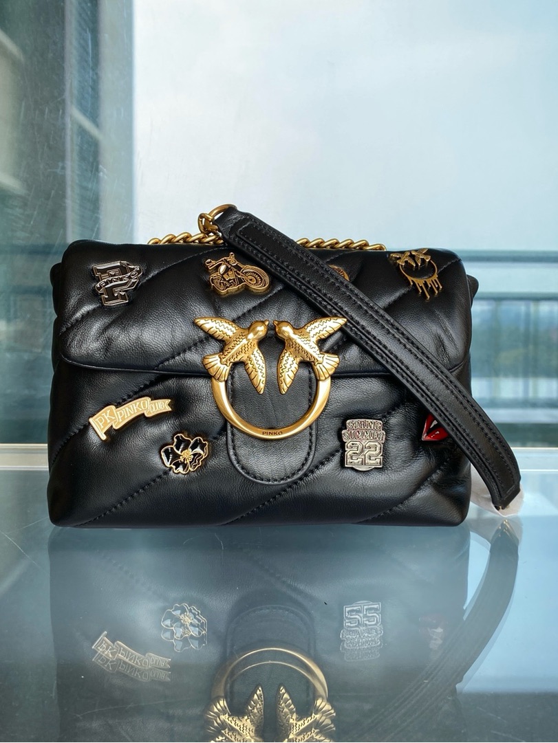 Pinko Black Quilted Leather Crossbody Bag With Gold Hardware And Pins
